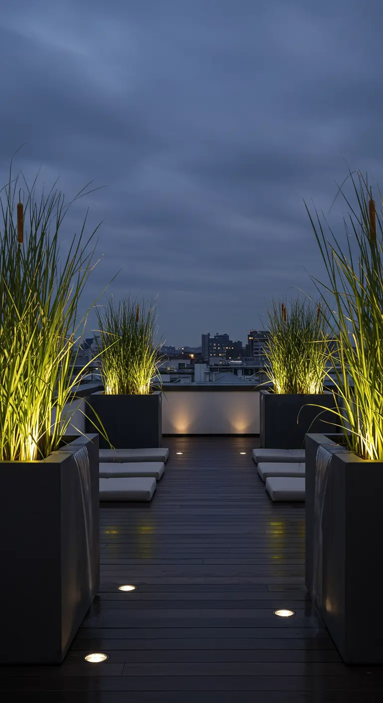 Modern rooftop with dark planters filled with illuminated cattails and recessed deck lighting.