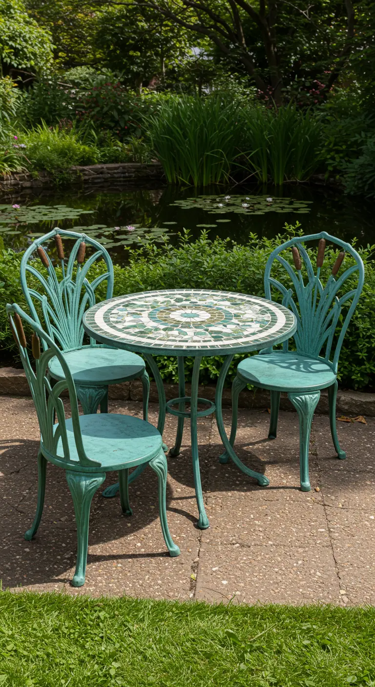 Turquoise bistro set with cattail details on the chairs, placed by a garden pond.