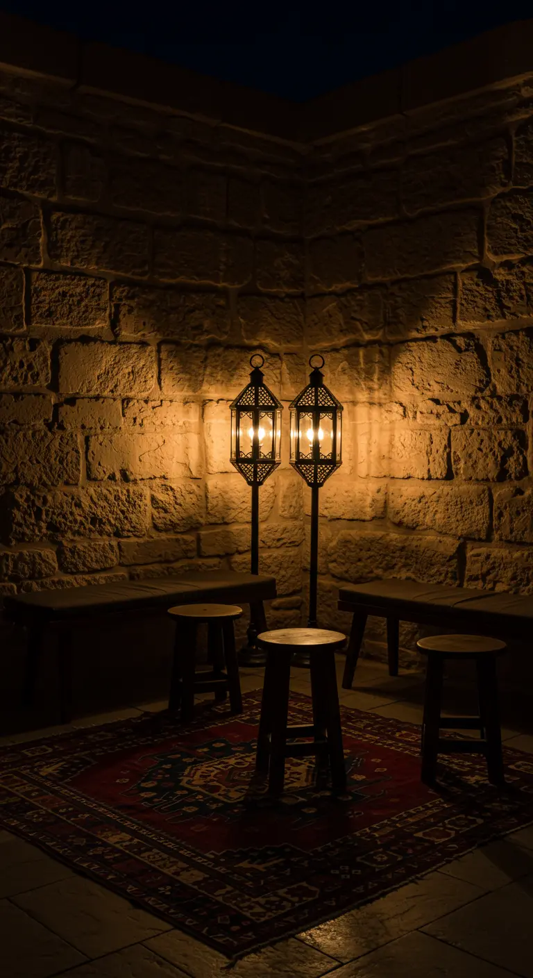 A dark stone corner lit by two standing Moroccan lanterns, with a kilim rug on the floor.