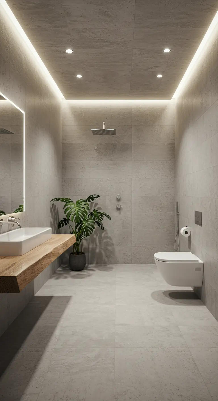 Light gray bathroom with ceiling cove lighting and a floating wood vanity with a large plant.