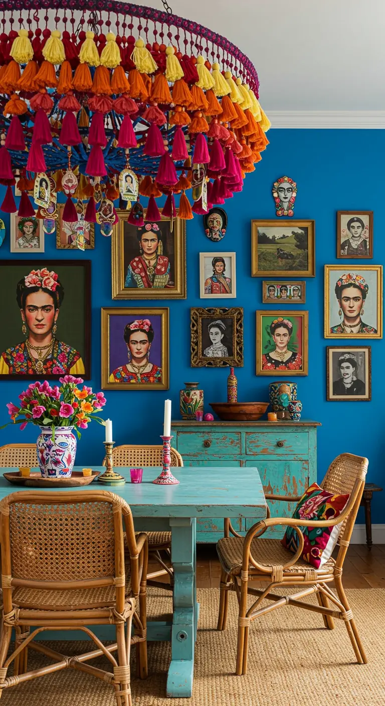 Frida Kahlo-inspired dining room with a blue wall, many portraits, and a colorful chandelier.