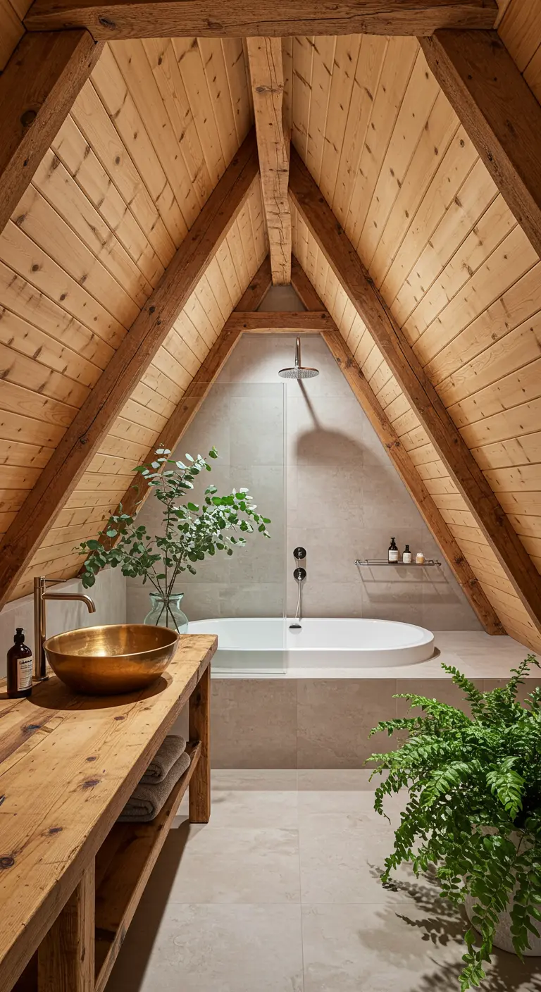 Attic bathroom with A-frame wood ceiling, brass sink, and freestanding tub.