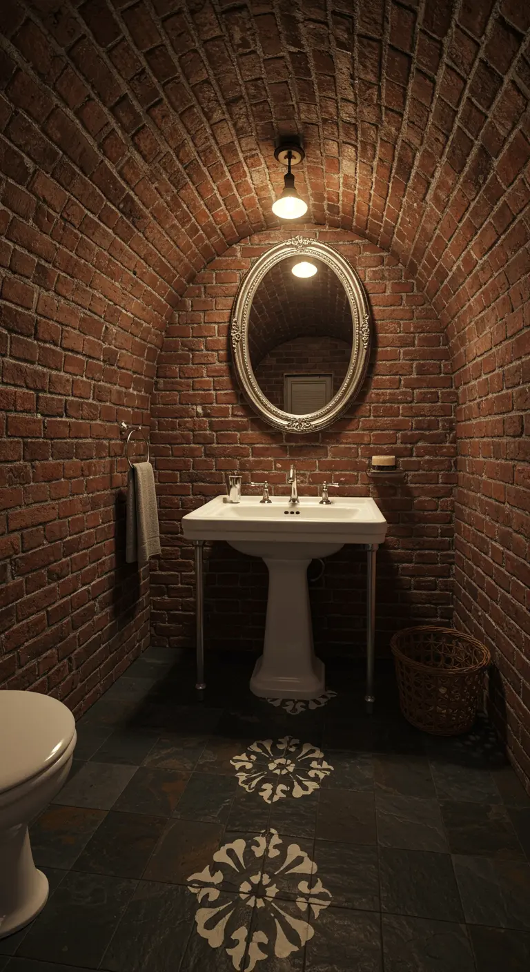 Bathroom in a cellar with an arched brick ceiling and walls.