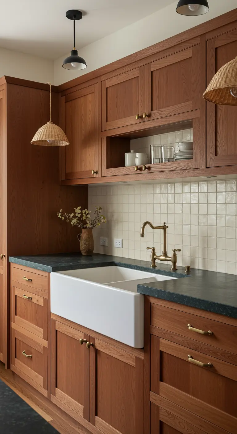 A Japandi kitchen with warm wood cabinets, a white farmhouse sink, and handmade tile backsplash.
