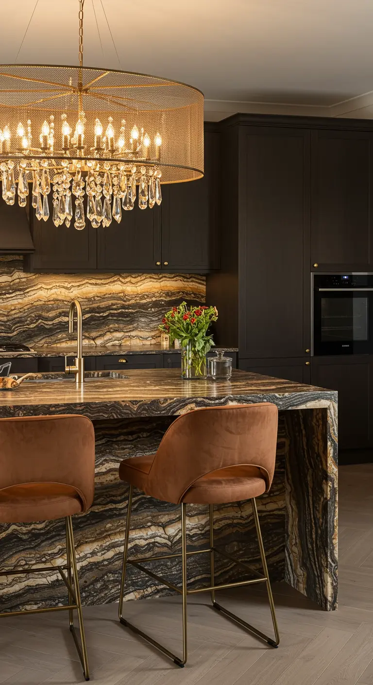A modern kitchen with a dramatically layered brown and black marble island and brown velvet stools.