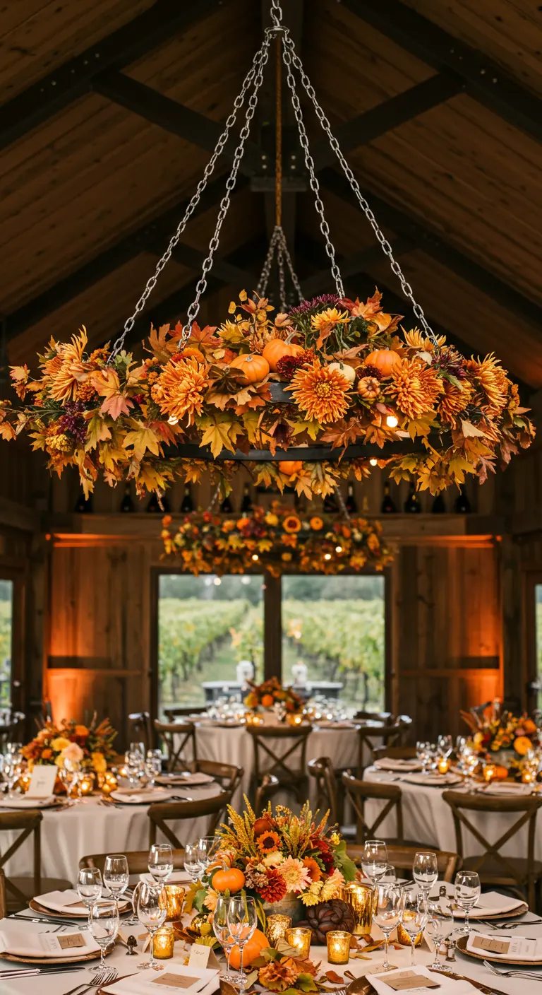 A large autumn-themed floral chandelier with orange leaves and pumpkins in a rustic barn.