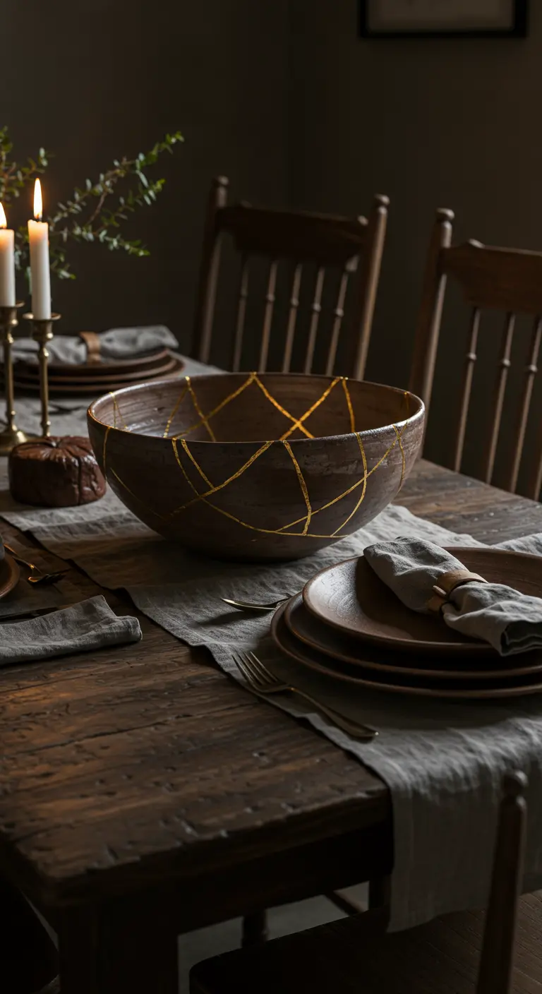 A tablescape featuring a dark bowl repaired with gold, in the style of Kintsugi.