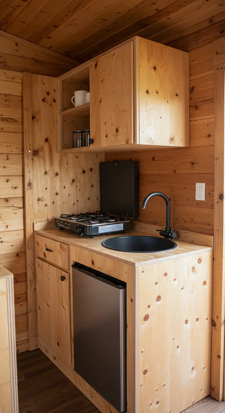 A tiny cabin kitchen made of raw plywood with a small black sink and cooktop.