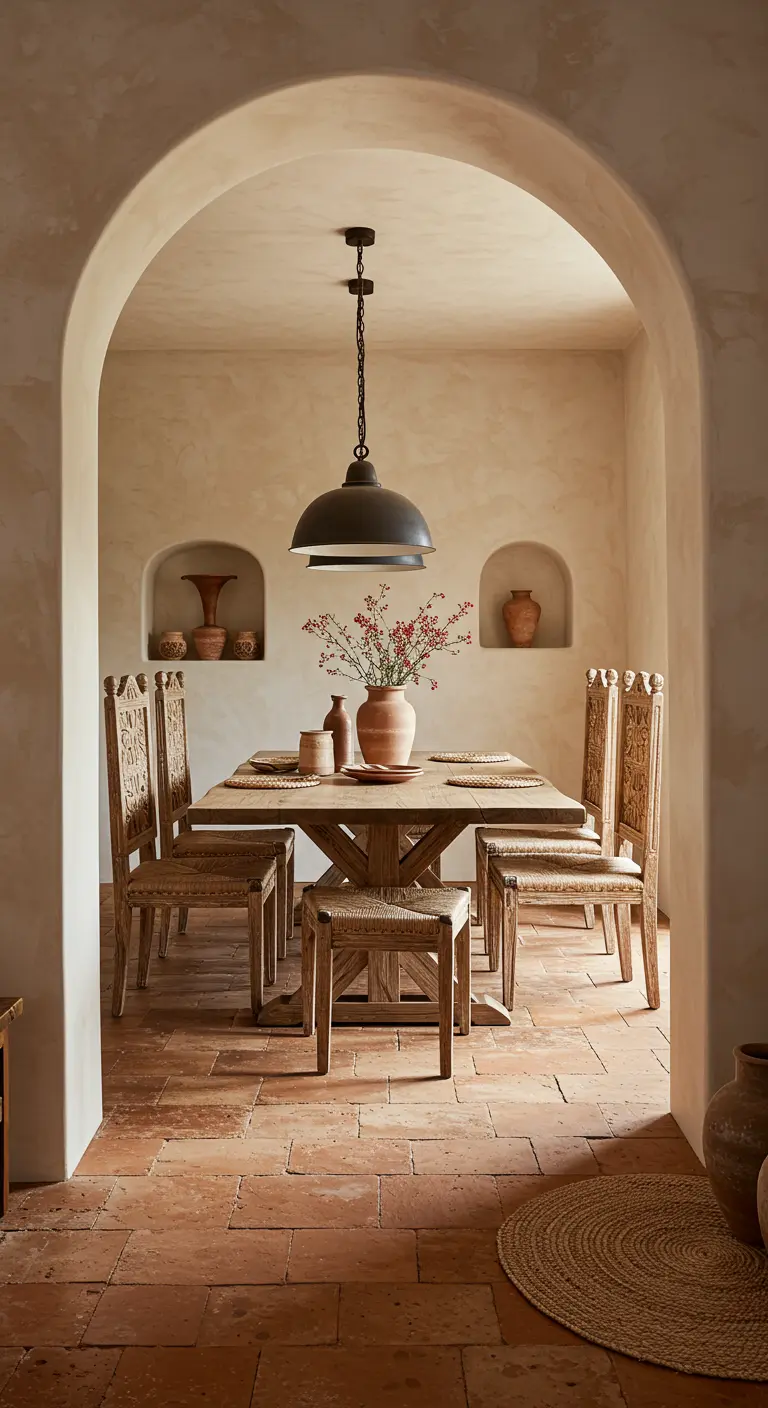 A rustic dining room with plaster walls, carved wood chairs, and pottery in arched niches.