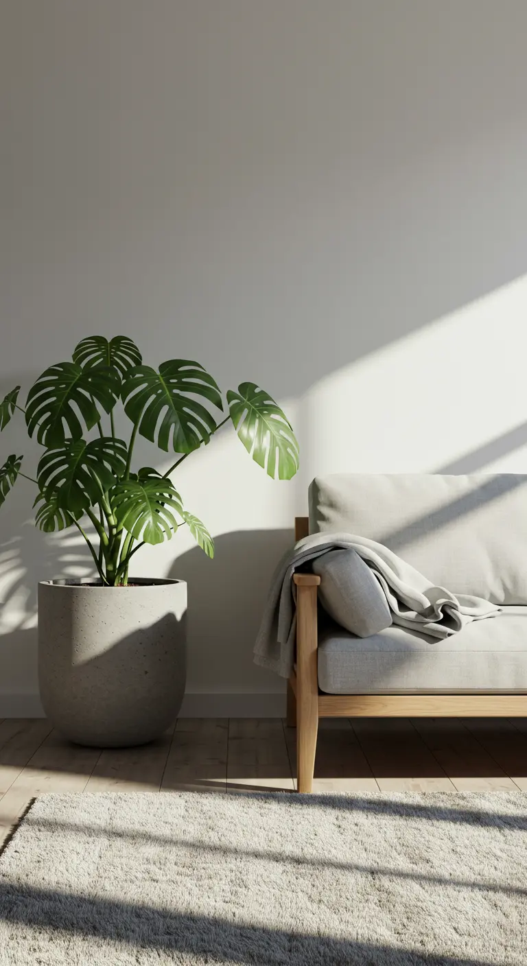 A simple wood-frame sofa in a sunlit corner with a monstera plant in a concrete pot.