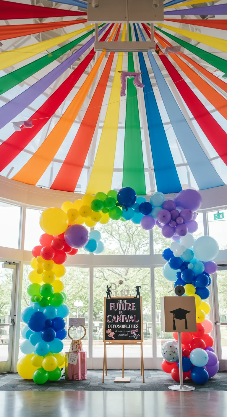 A graduation party with a rainbow striped ceiling, a balloon arch, and a 'Carnival of Possibilities' sign.