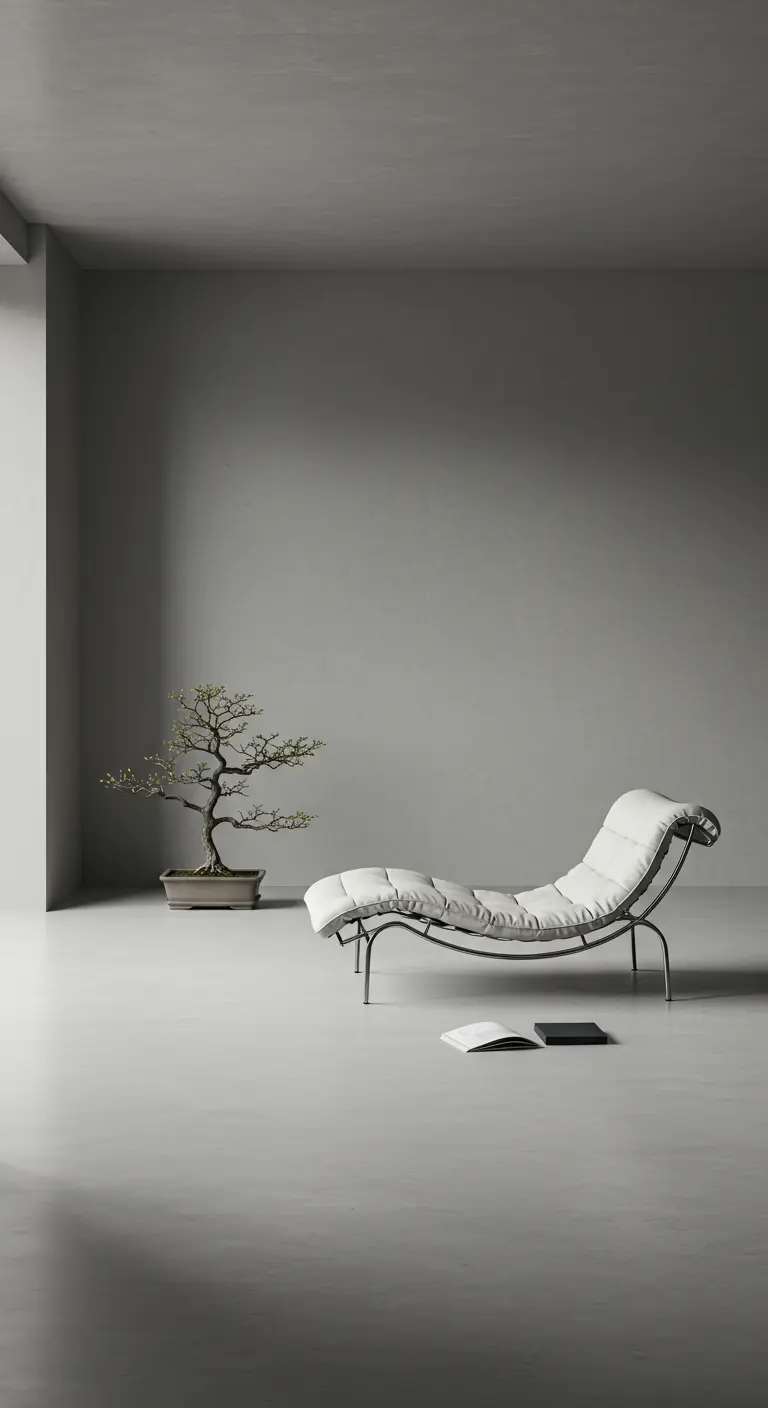 An almost empty gray room containing only a white padded chaise lounge and a small bonsai.