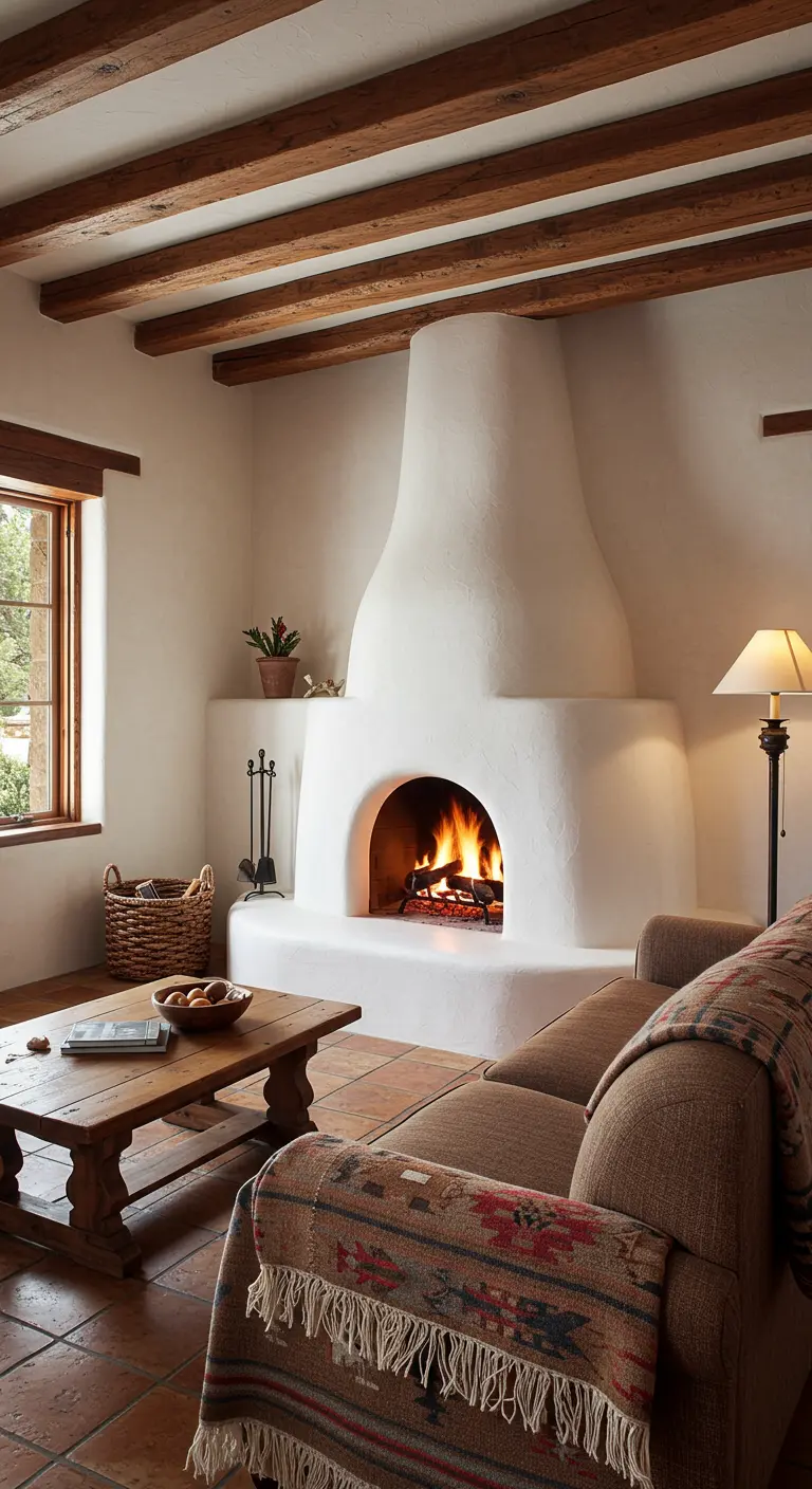A living room with a white adobe kiva fireplace, wood ceiling beams, and a cozy sofa.
