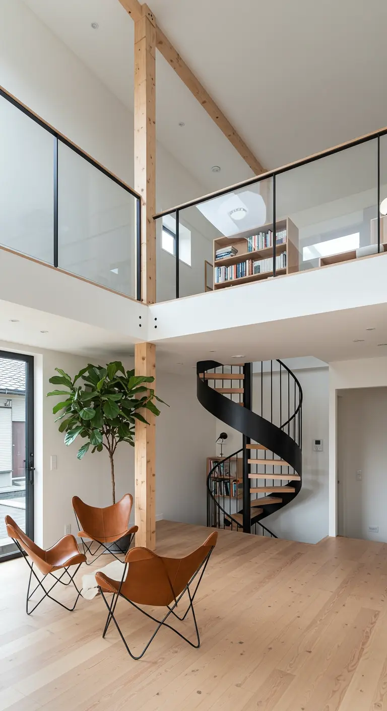 An open-plan loft space with exposed wood beams and a black spiral staircase.