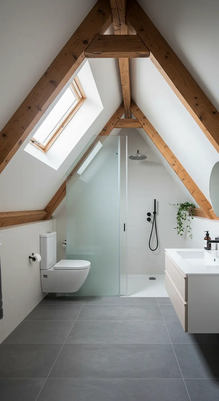 Attic bathroom with exposed wood beams and a frosted glass shower screen.
