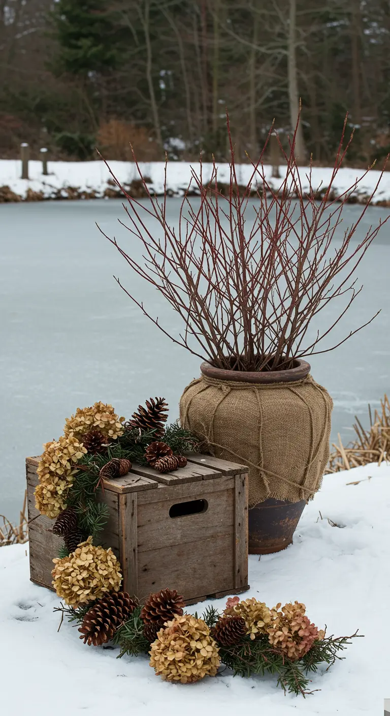 A large urn with red twig dogwood branches sits next to a wooden crate draped with a dried hydrangea garland.