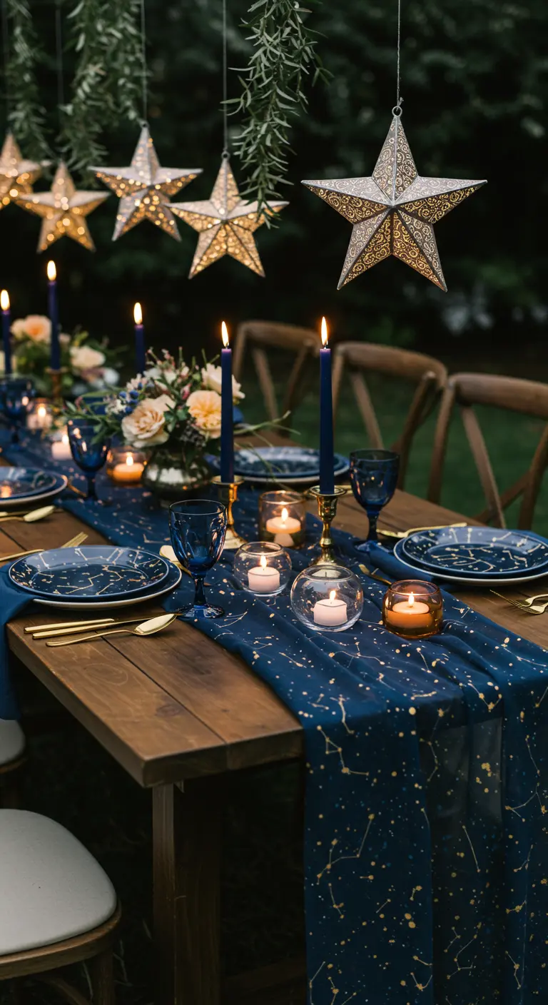 Outdoor table with a navy constellation runner, blue candles, and hanging star lanterns.
