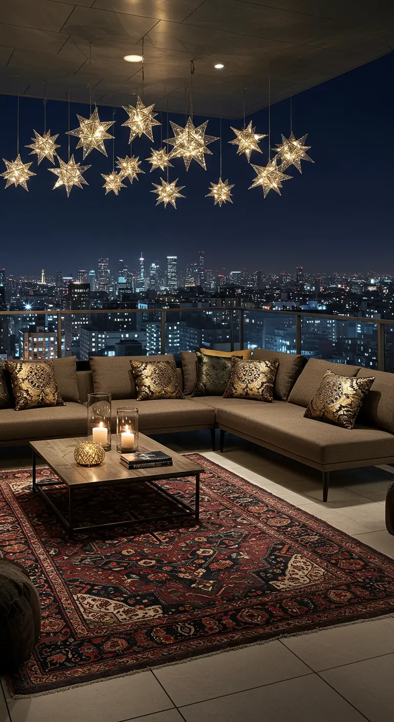 A high-rise balcony at night with star-shaped lights hanging over a sectional sofa.