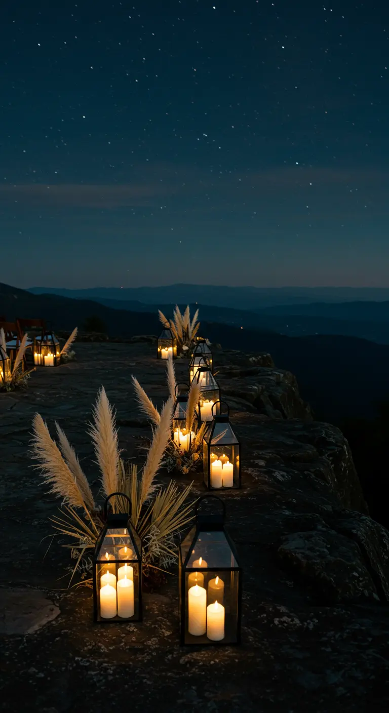 A rocky mountaintop aisle at night with lanterns and pampas grass.