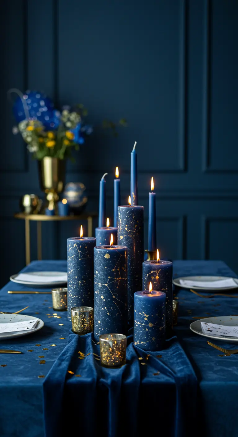 A collection of navy blue pillar candles decorated with gold constellation drawings.