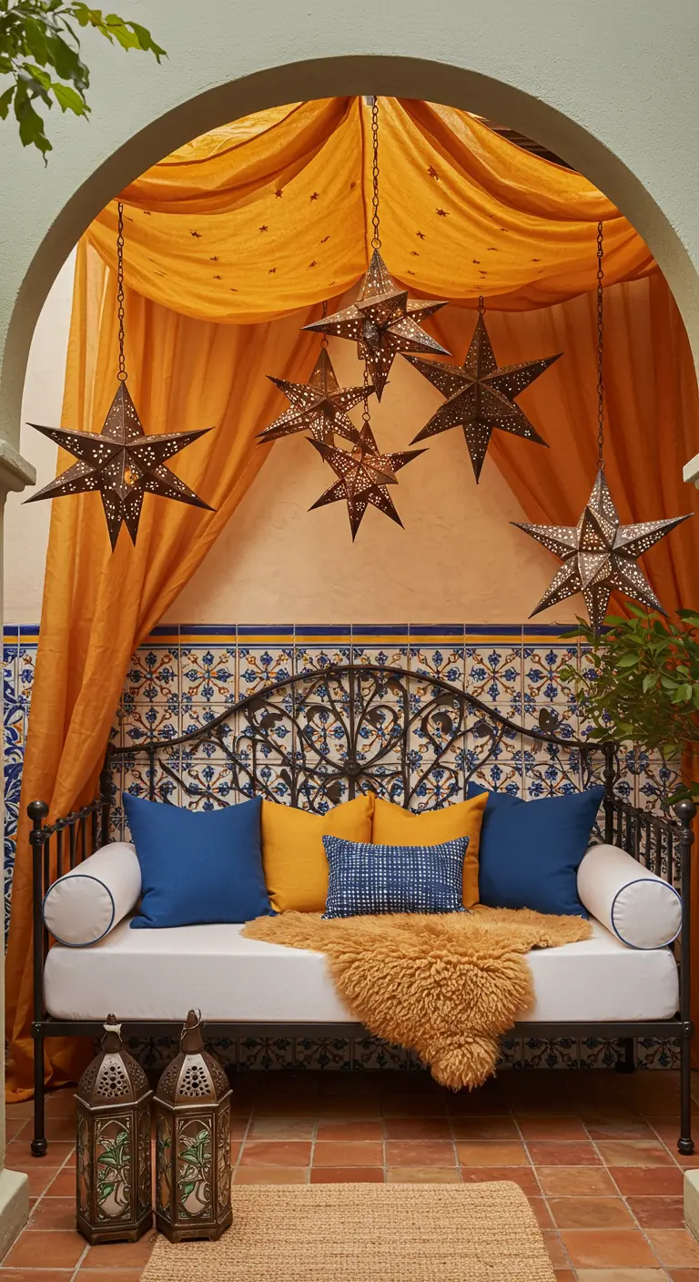 A daybed in an alcove with star lanterns, gold curtains, and blue and yellow pillows.