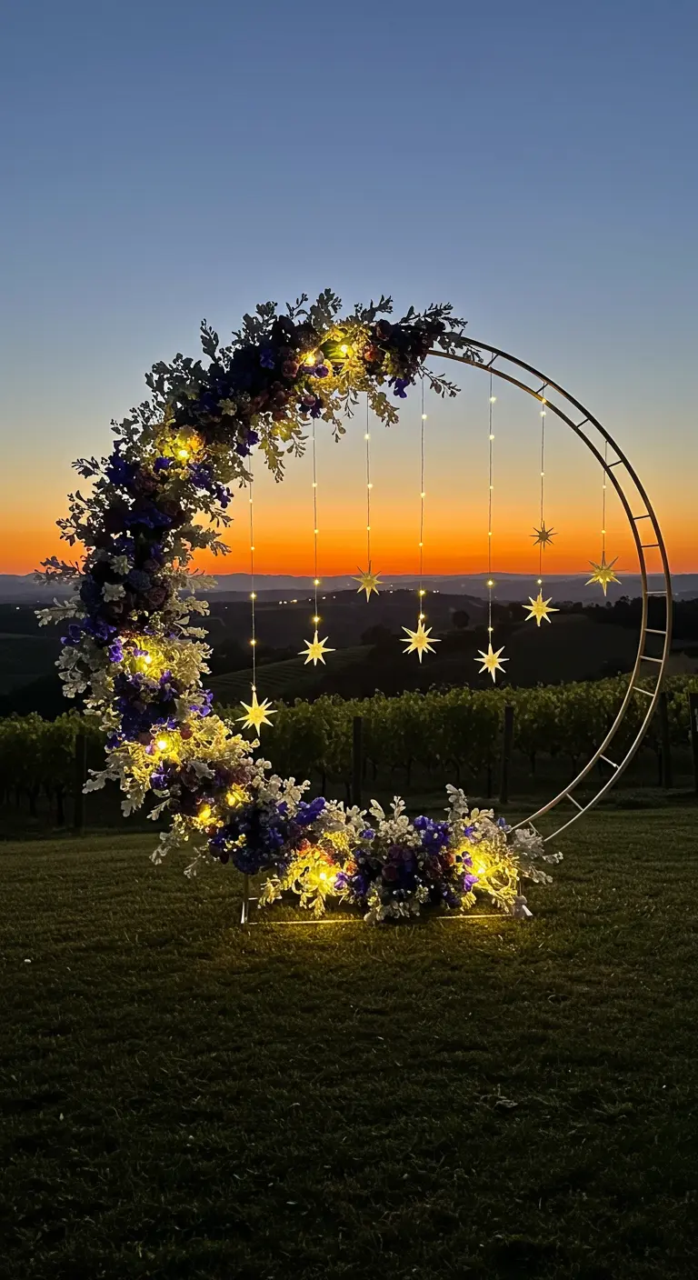 A crescent moon-shaped arch decorated with flowers and hanging star lights at sunset.