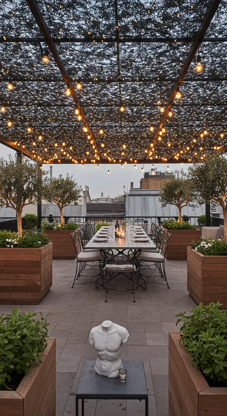 A rooftop dining area under a perforated metal canopy with string lights and modern sculpture.