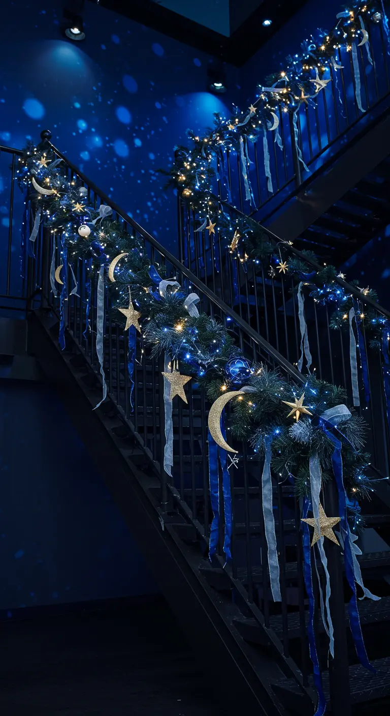 Staircase with dark garland, blue lights, gold moons and stars, and blue ribbons.