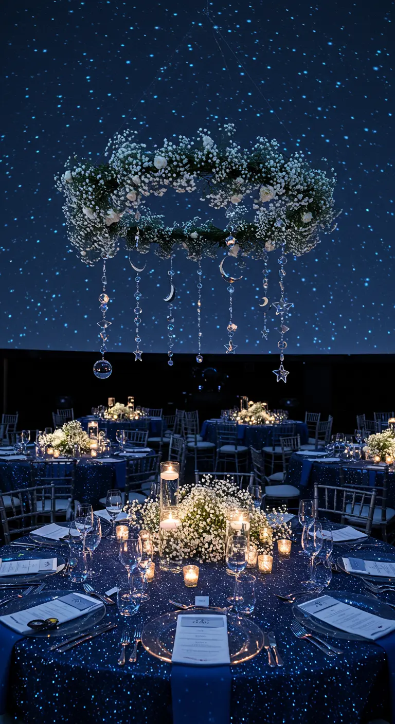 Wedding reception with a starry night projection and a hanging floral wreath with crystal moons.