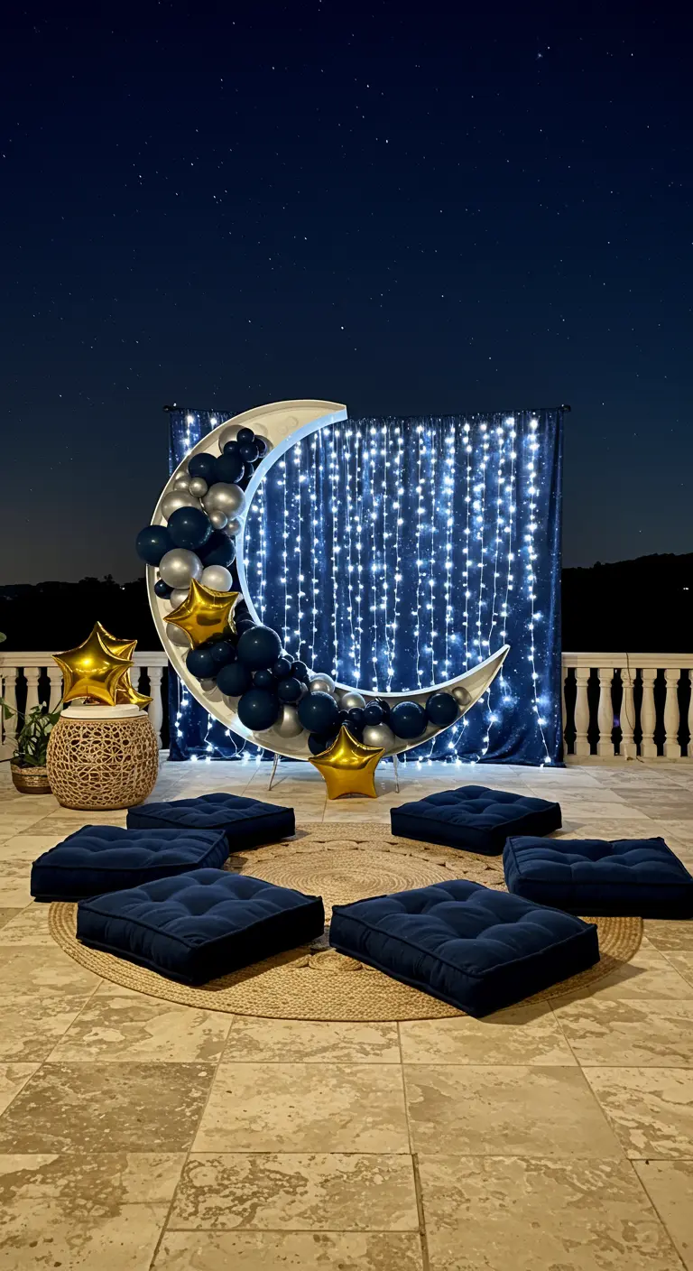 A crescent moon balloon installation with navy and silver balloons in front of a starry night sky.