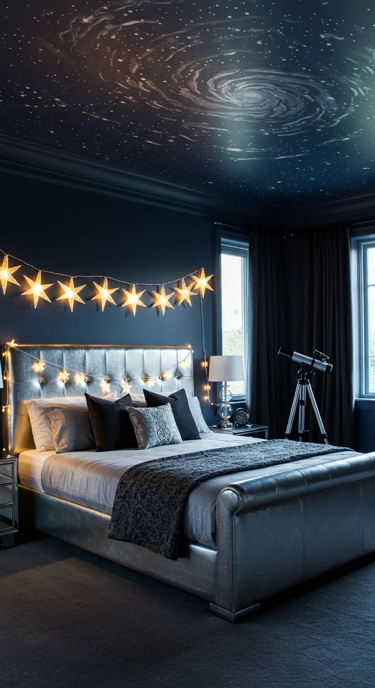 Bedroom with a galaxy mural on the ceiling and a silver leather bed.