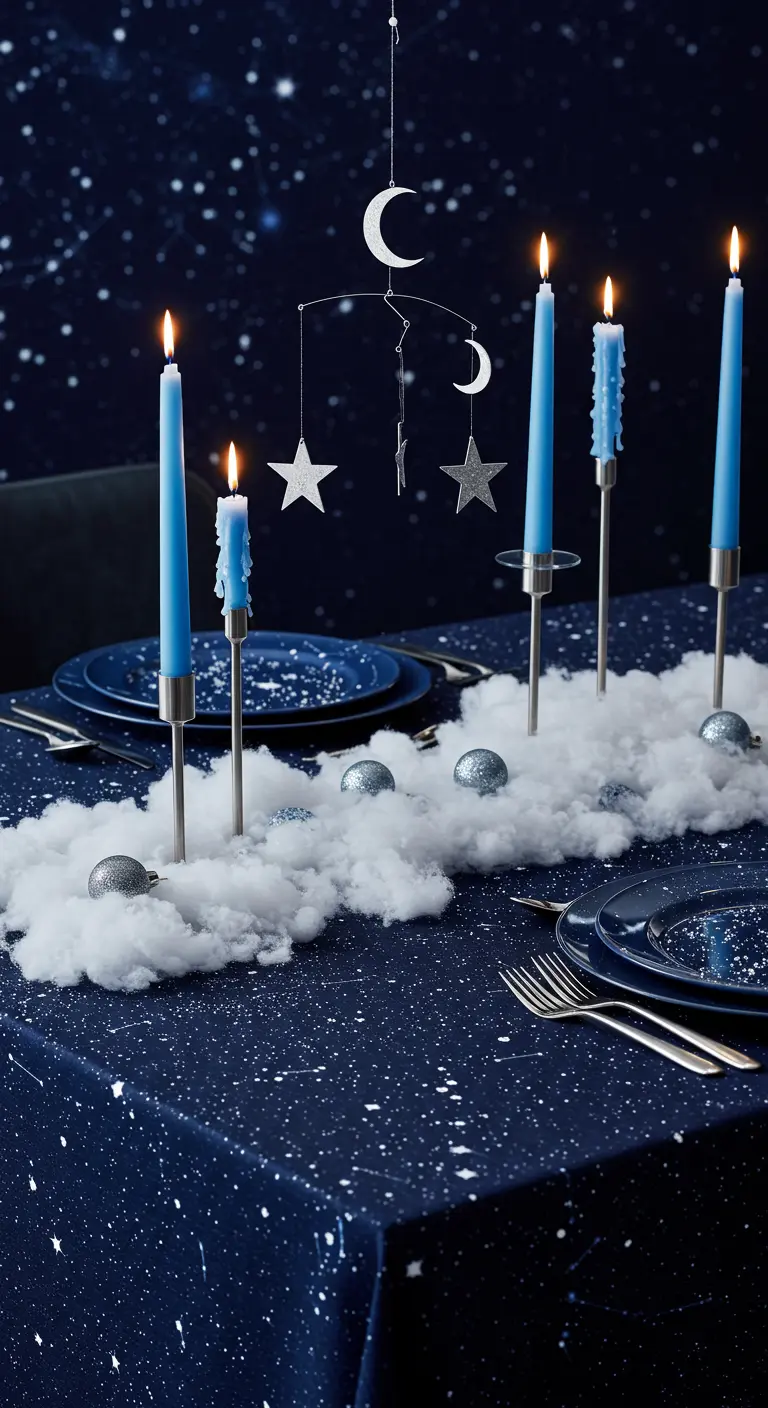 A table with a starry navy cloth, cotton cloud runner, and a celestial mobile.