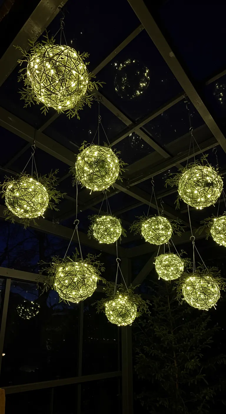 Glowing spherical lights made of grapevine and fairy lights hanging from a glass ceiling.