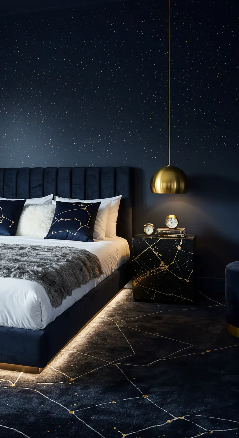 Celestial-themed navy bedroom with a constellation rug and marble nightstand.