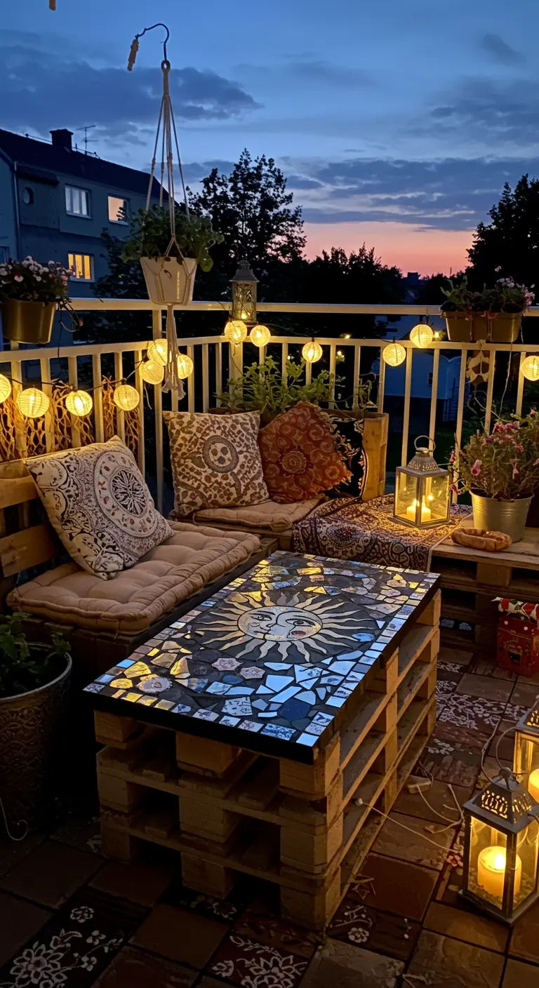 A pallet wood bench and table with a celestial sun mosaic top on a cozy, candlelit balcony at dusk.
