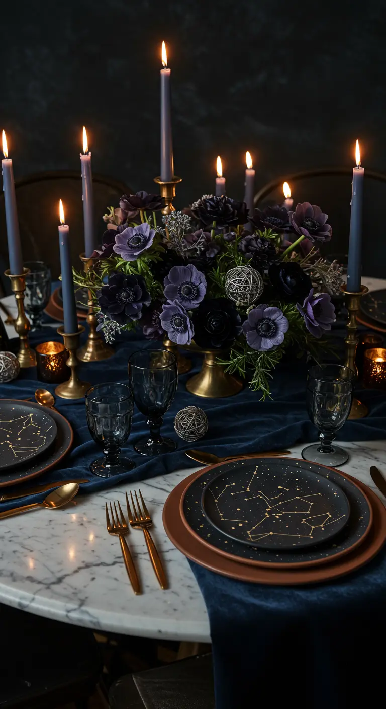 Celestial-themed table with constellation plates, purple flowers, and blue velvet.