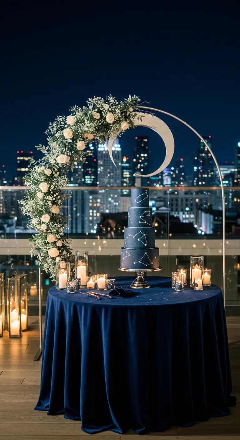 Celestial-themed cake table with a navy cloth, moon arch, and city skyline view.