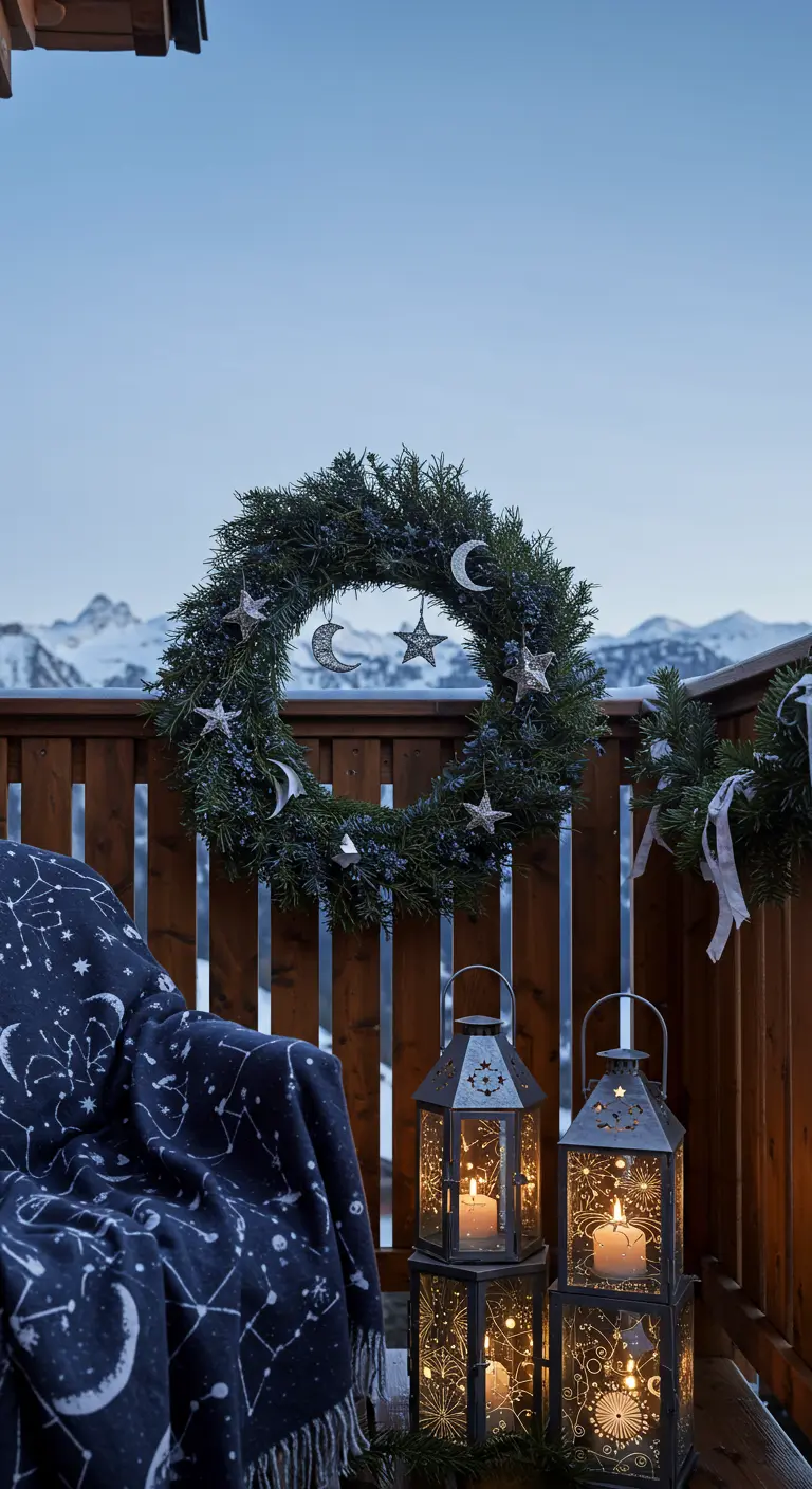 A balcony decorated with a celestial theme, including a star and moon wreath and lanterns.