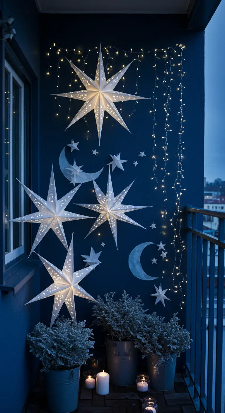 Large white paper stars and cascading lights against a deep blue balcony wall.