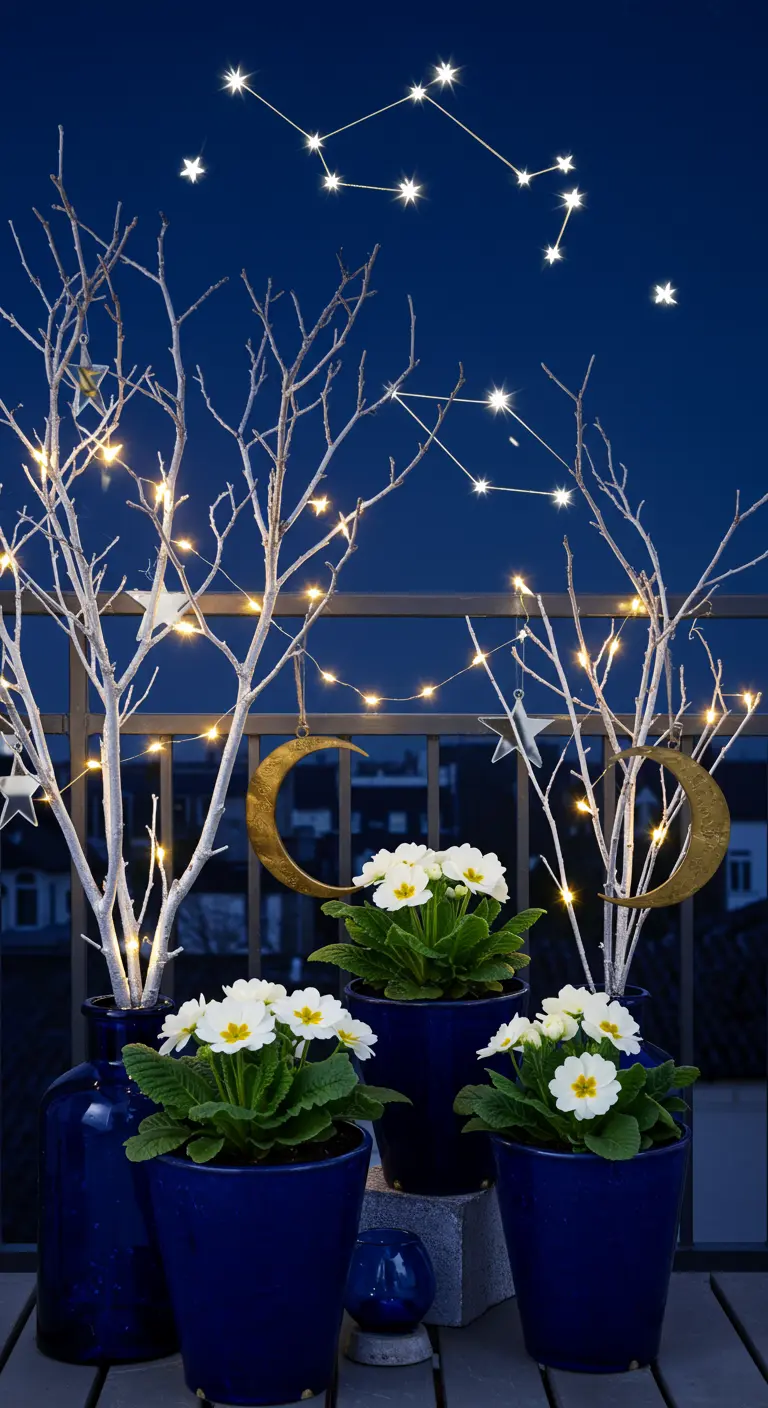 A nighttime balcony scene with white branches, star lights, moon ornaments, and white primroses in blue pots.