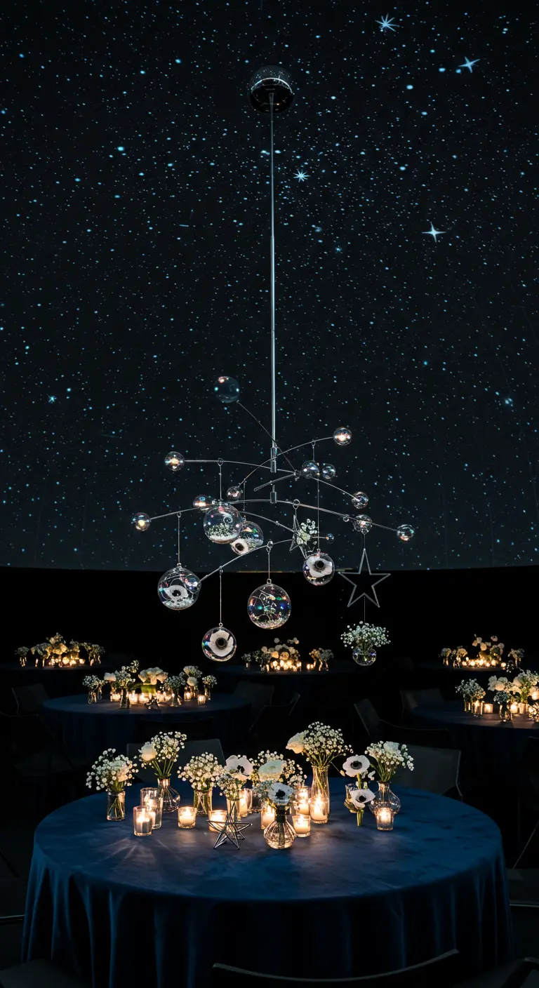 A celestial-themed wedding table under a starry projection with a hanging mobile.