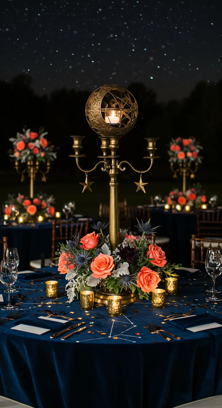 Celestial-themed wedding table with a moon candelabra, coral roses, and a constellation tablecloth.