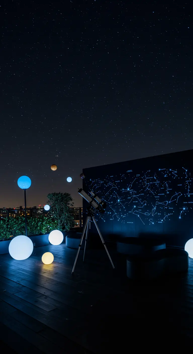 A rooftop terrace set up for stargazing with a telescope, glowing orbs, and a constellation projection.