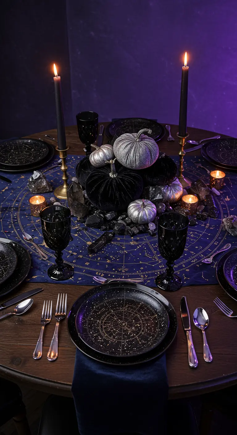 A Halloween table with a constellation tablecloth, black and silver pumpkins, and crystals.
