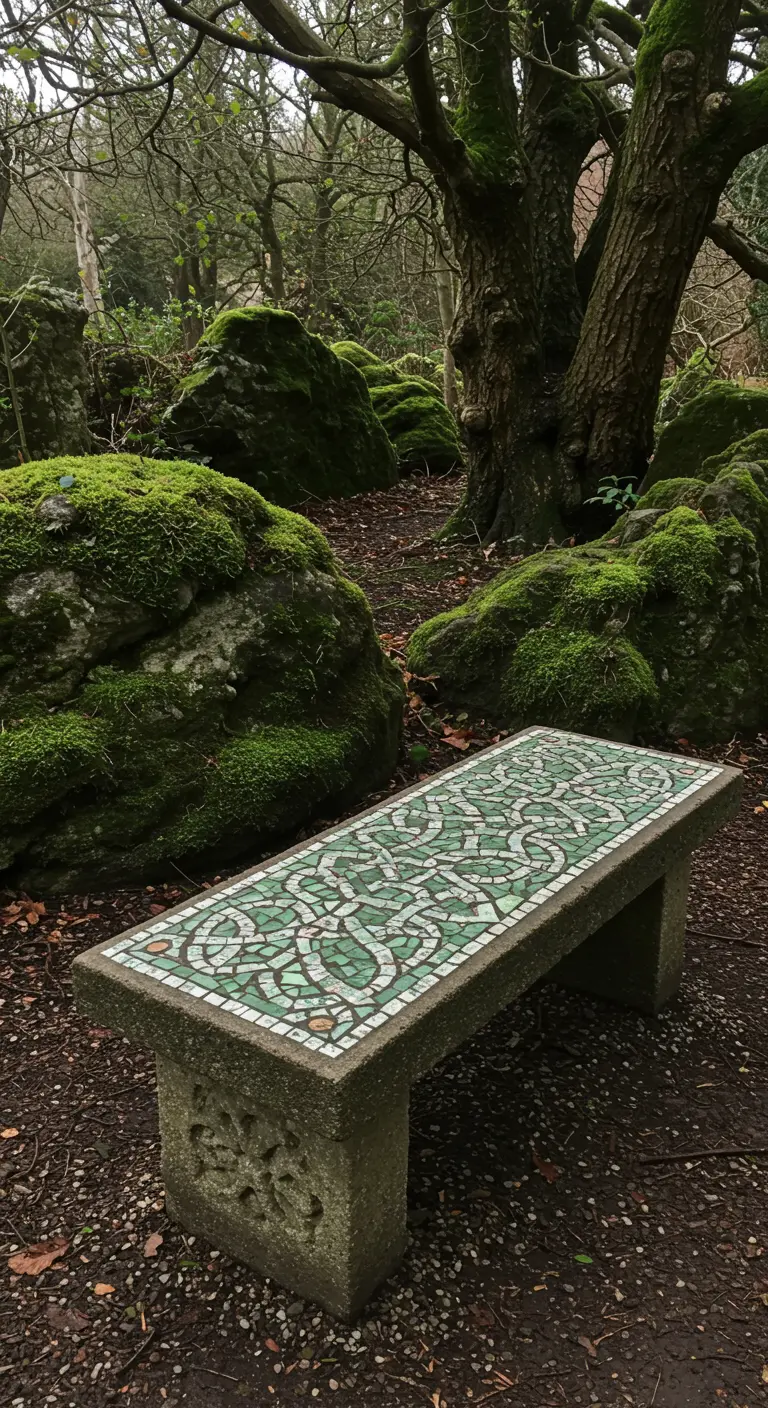 A concrete bench in a mossy woodland with an intricate green and white Celtic knot mosaic.