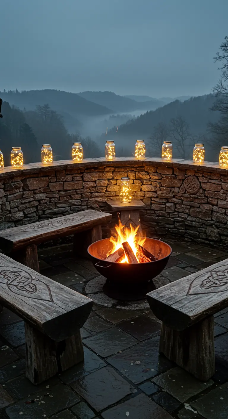 A stone patio overlooking a misty valley with carved log benches and a fire pit.