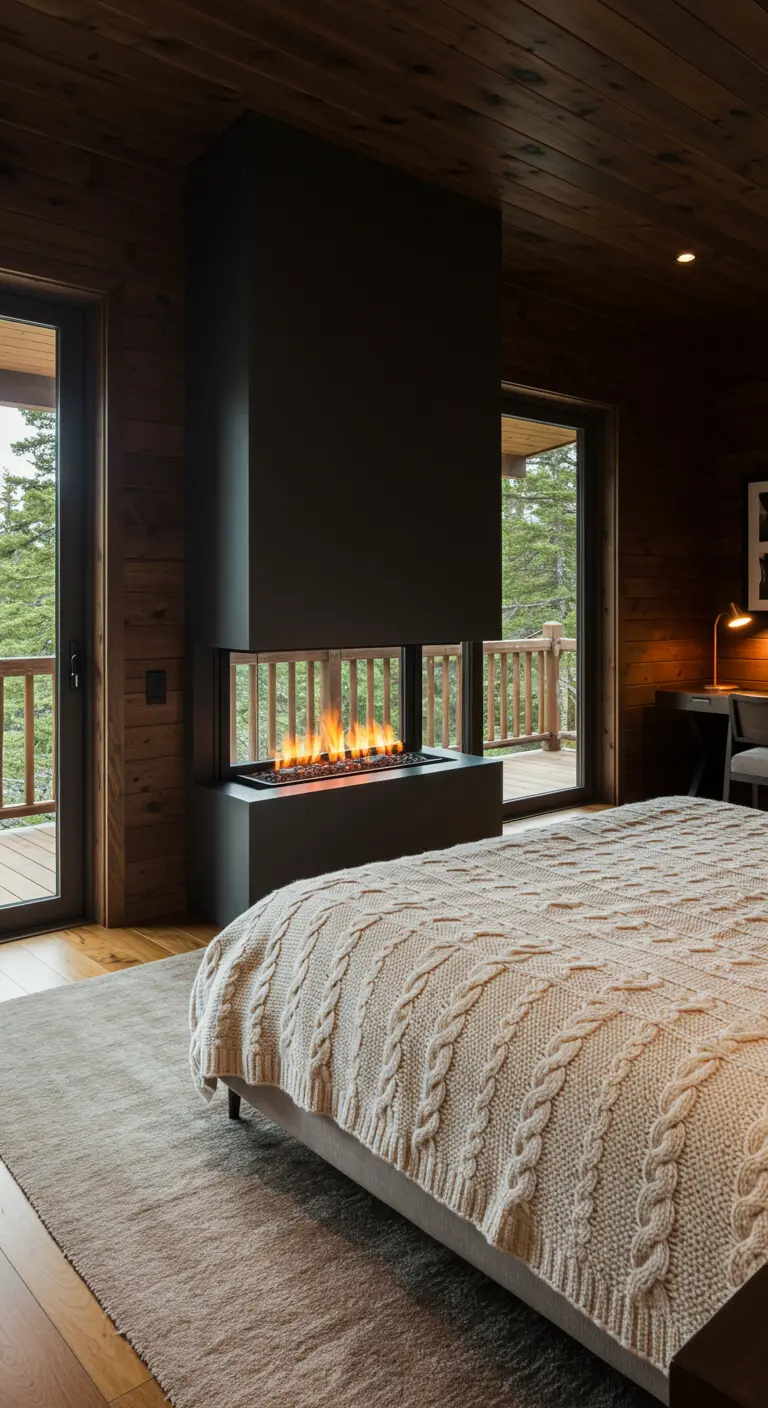 Bedroom with a modern three-sided fireplace and a bed with a large cable-knit throw.