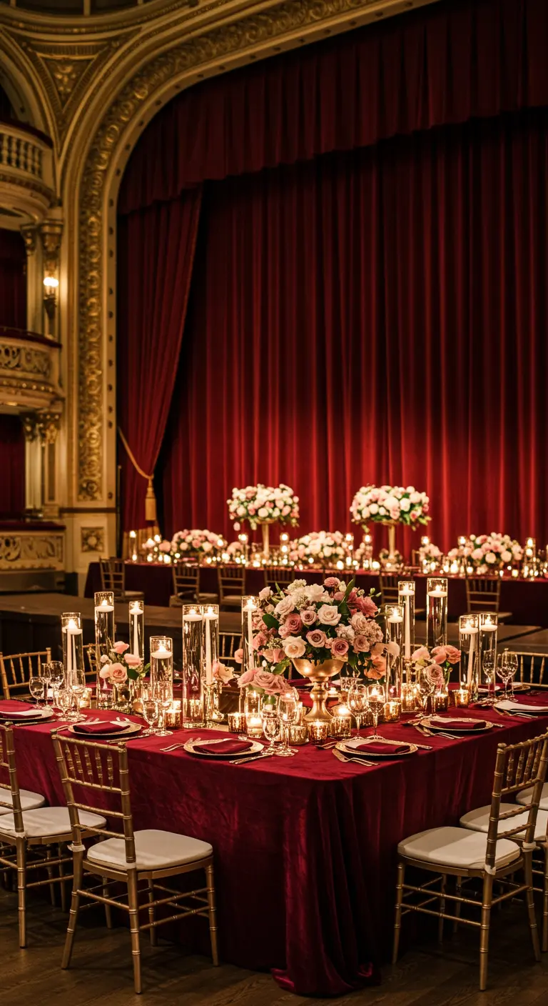 Wedding table in a theatre with a red velvet cloth, gold chairs, and blush floral centerpieces.