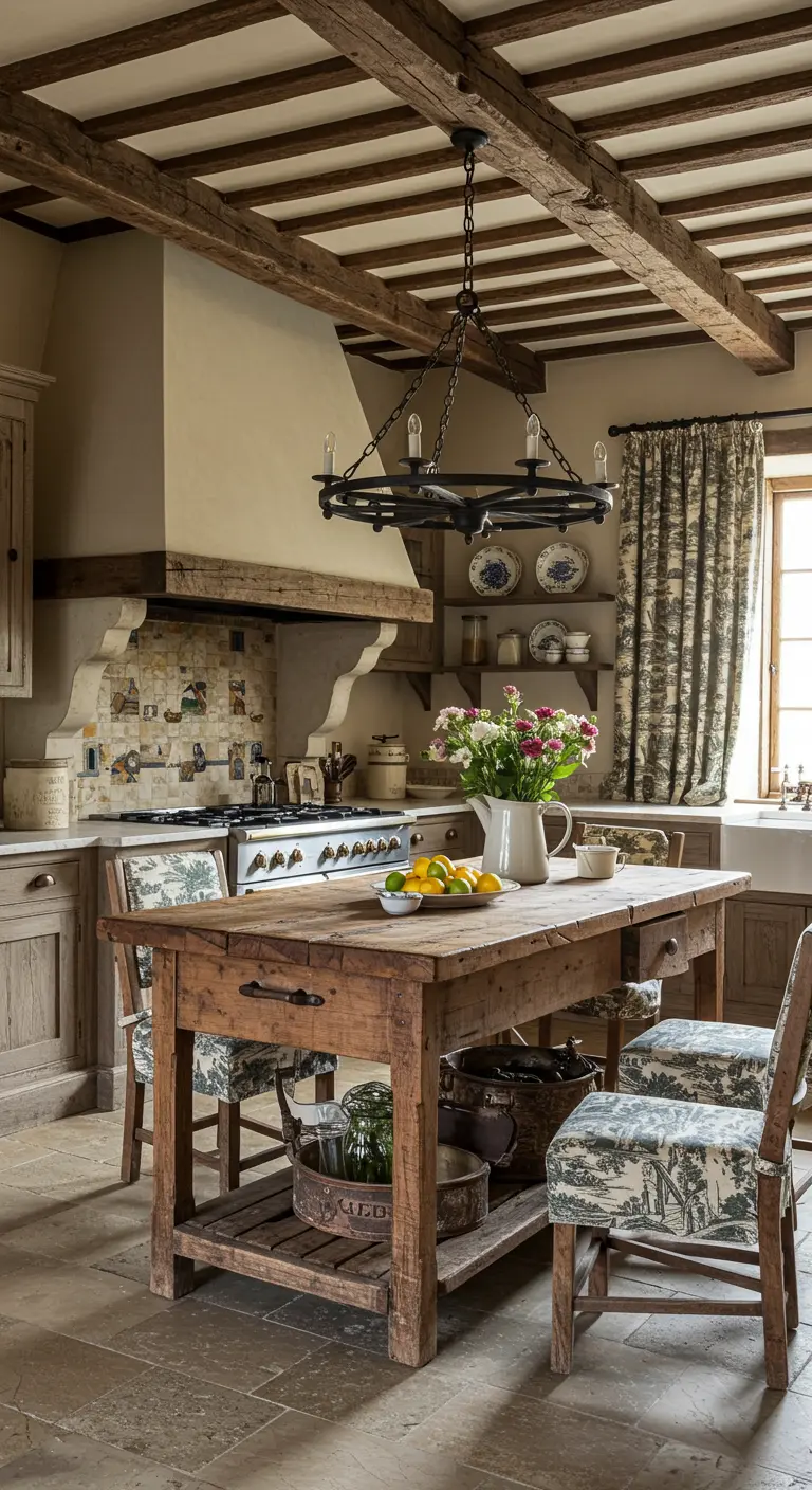 A rustic kitchen with a large wooden island, floral chairs, and a plaster range hood.