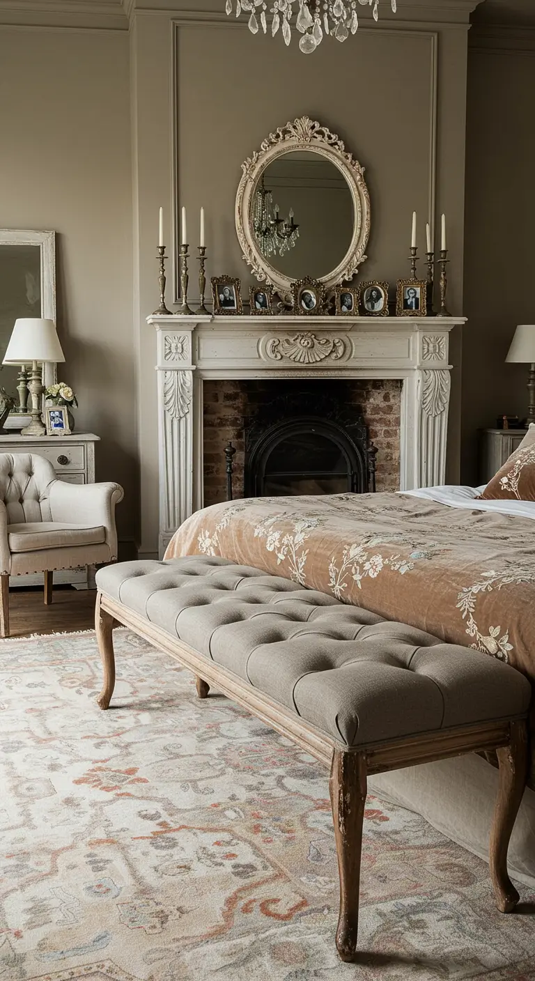 A stately bedroom with a fireplace, an ornate mantel mirror, and a tufted bench.